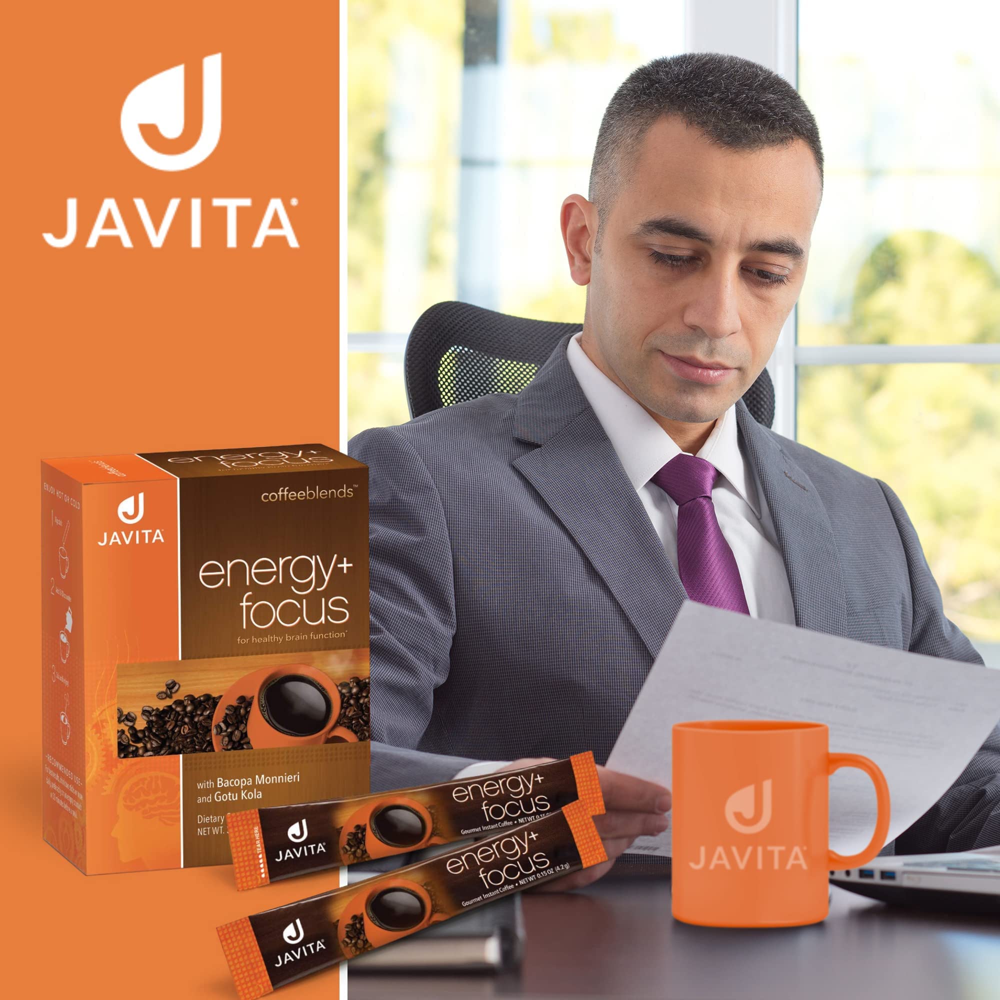 Javita Energy + Focus Instant Coffee Packets, 100% South American Blend, Arabica Coffee with Robusta, Contains Herbs for Clarity, Energy, & Focus, Keto Coffee, Dieters Drink, 24 (4.2g) Sticks