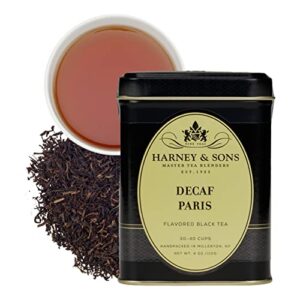 harney & sons decaf paris, 4oz tin of loose leaf black tea w/fruit and caramel flavors