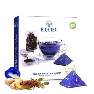 blue tea - indian chai masala - 12 teabags | ginger, cinnamon, cardamom | caffeine free - gluten free | direct from source - plant-based biodegradable tea bag | for gift - anniversary, birthday