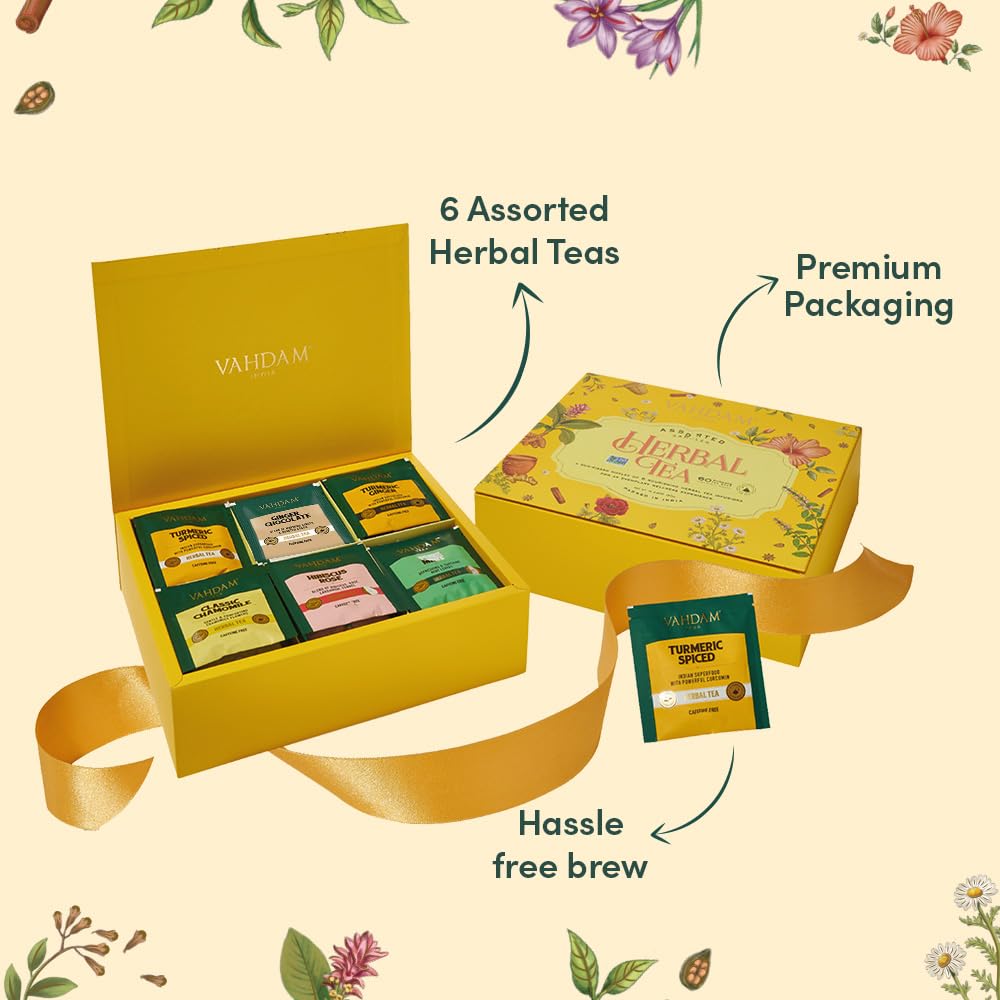 VAHDAM, Assorted Herbal Tea Sampler Gift Set (6 Variants, 60 Tea Bags) Caffeine Free, Gluten Free, Non GMO | Tea Variety Pack - Long Leaf Pyramid Tea Bags Variety Pack | Gifts for Women & Men