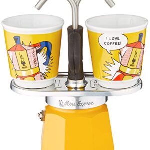 Bialetti - Mini Express Lichtenstein: Moka Set includes Coffee Maker 2-Cup (2.8 Oz) + 2 shot glasses, Yellow, Aluminium