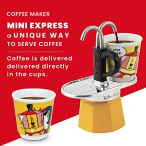 Bialetti - Mini Express Lichtenstein: Moka Set includes Coffee Maker 2-Cup (2.8 Oz) + 2 shot glasses, Yellow, Aluminium