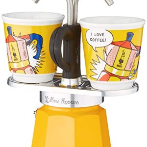 Bialetti - Mini Express Lichtenstein: Moka Set includes Coffee Maker 2-Cup (2.8 Oz) + 2 shot glasses, Yellow, Aluminium