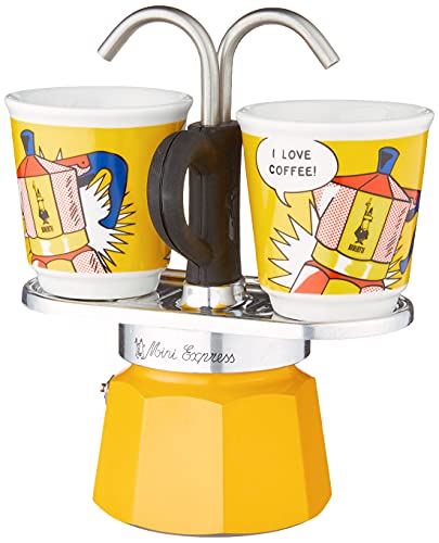 Bialetti - Mini Express Lichtenstein: Moka Set includes Coffee Maker 2-Cup (2.8 Oz) + 2 shot glasses, Yellow, Aluminium