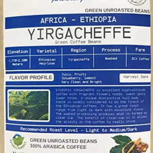 5 Pounds – African - Ethiopia Yirgacheffe - Unroasted Arabica Green Coffee Beans – Varietal Ethiopian Heirloom – Drying/Milling Process Washed SunDried – Unique Distinctive Taste - Includes Burlap Bag