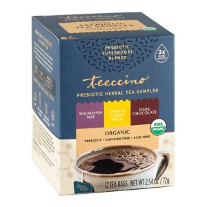 teeccino prebiotic herbal tea - prebiotic superboost tea sampler - support your probiotics with vegan gos & organic xos for good gut health and regularity, 12 tea bags