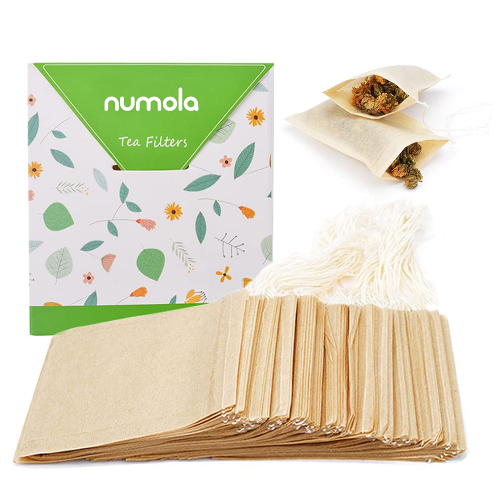 Numola Unbleached Tea Filter Bags for Loose Leaf Tea, Biodegradable and Compostable Tea Bags Empty, Wood Pulp Filter Paper Organic Tea Infuser Bag Disposable Drawstring 100 Pcs (3.2'' x 4.2'')