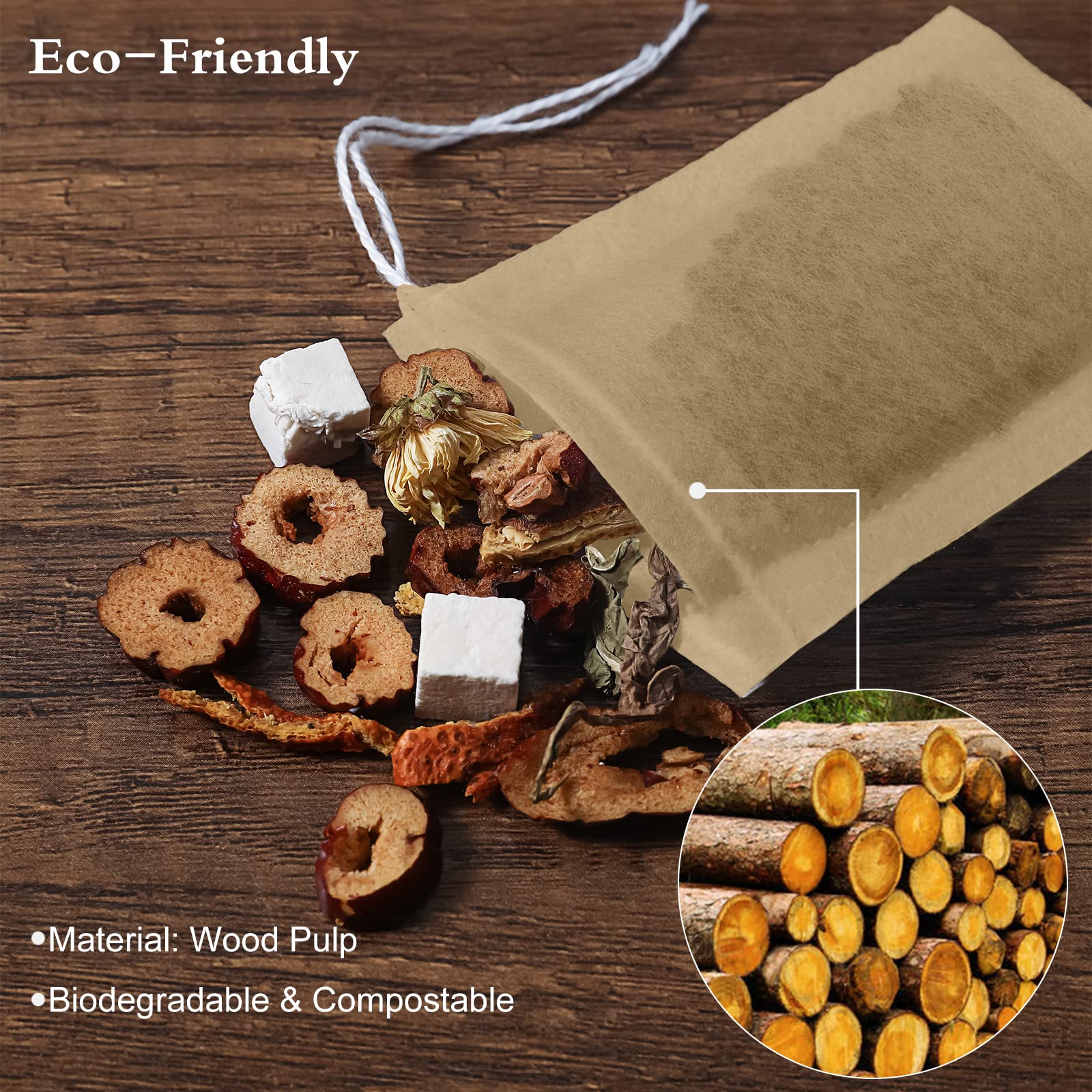 Numola Unbleached Tea Filter Bags for Loose Leaf Tea, Biodegradable and Compostable Tea Bags Empty, Wood Pulp Filter Paper Organic Tea Infuser Bag Disposable Drawstring 100 Pcs (3.2'' x 4.2'')