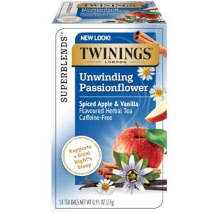 twinings of london daily wellness tea unwind sleep supporting passionflower & camomile, spiced apple & vanilla, flavored herbal tea 18 count