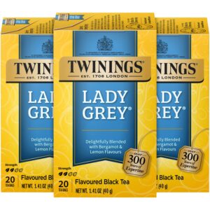 twinings lady grey tea - a fresh, uplifting black tea with orange peel, lemon peel, and natural citrus flavours, caffeinated tea bags, individually wrapped, 20 count (pack of 3)