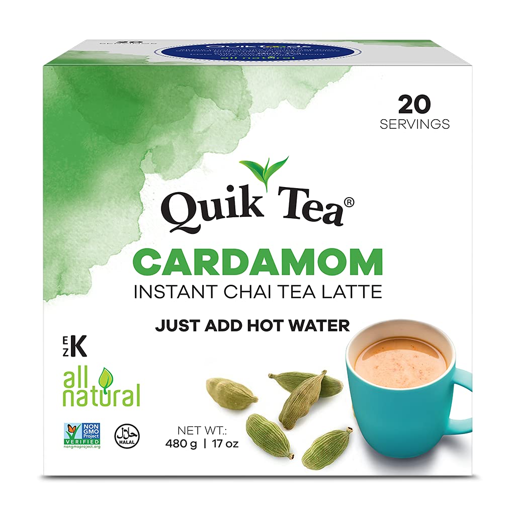 QuikTea Cardamom Instant Chai Tea Latte - 20 Count Single Box - Single Serve Pouches - All Natural & Preservative Free