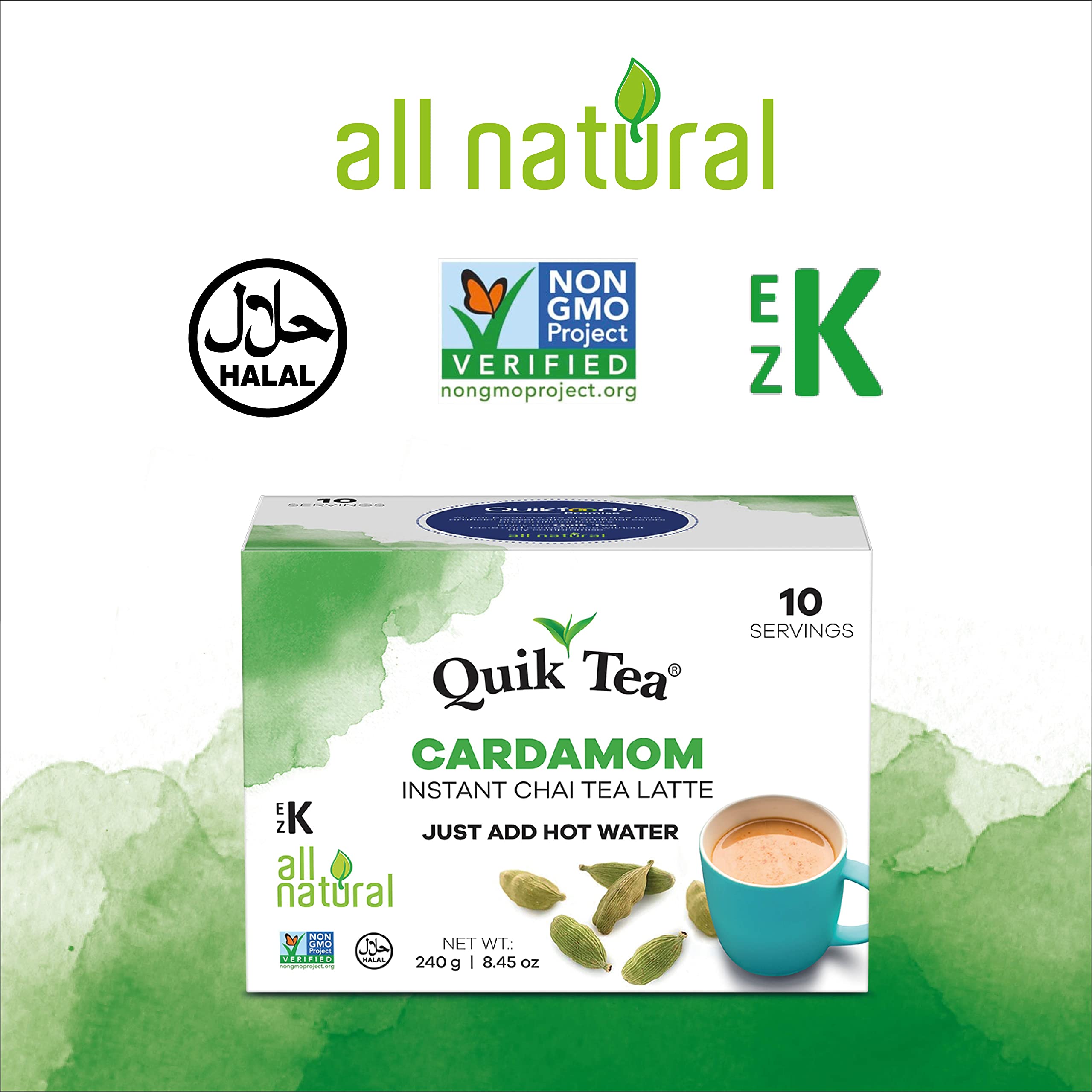 QuikTea Cardamom Instant Chai Tea Latte - 20 Count Single Box - Single Serve Pouches - All Natural & Preservative Free