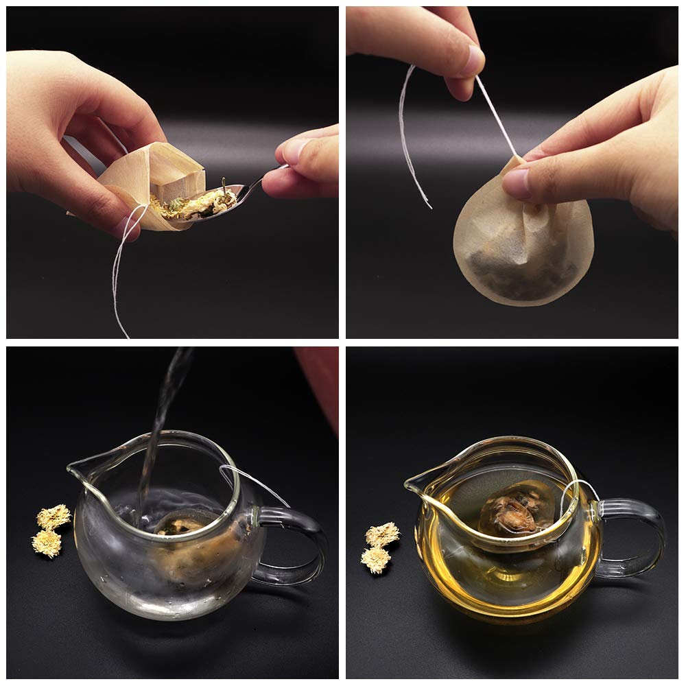 100Pcs Disposable Tea Filter Bags 2.65 x 2.95 Inches Natural Tea Infuser Unbleached Material Drawstring Round Tea Bag Empty Tes Bags for Loose Leaf Tea