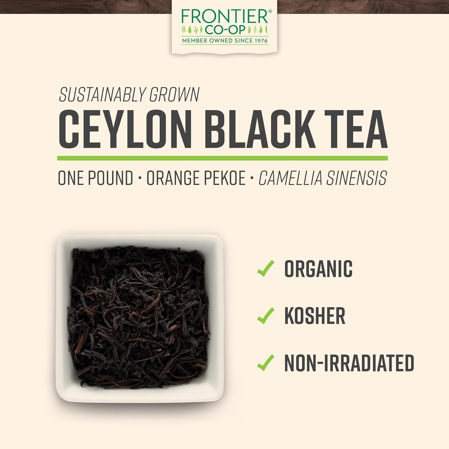 Frontier Co-op Organic Ceylon Black Tea, 1-Pound Bulk, High-Grown Orange Pekoe, Medium-Strong Tea Body, Kosher, Fair Trade