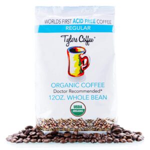 tyler’s acid free organic whole beans - 100% arabica full flavor - neutral ph - caffeinated no bitter aftertaste - gentle on digestion, reduce acid reflux - protect teeth - for acid free diets- natural and organic blend for common gi issues 12 oz