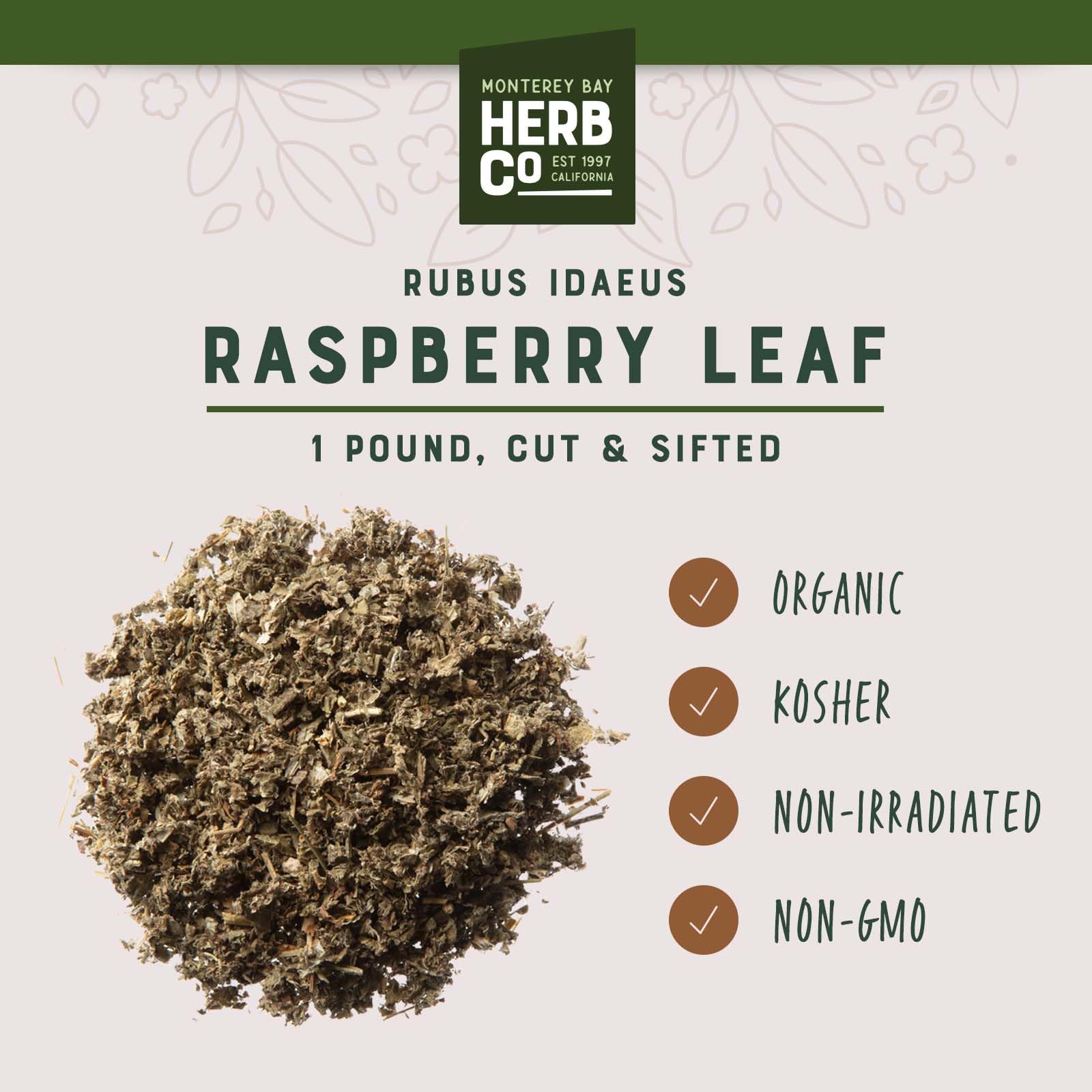 Certified Organic Raspberry Leaf Cut and Sifted 1 LB Bag –100% Natural, Kosher Berries (Rubus idaeus)