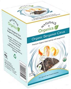 naturals-n-organics organic bergamot citrus earl grey tea with natural italian bergamot oil for autophagy and detox, 24 bio-degradable pyramid tea bags