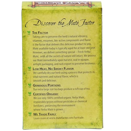 The Mate Factor Yerba Mate Energizing Herb Tea Bag, Organic Fresh Green, 24-Count Box 2.96 oz