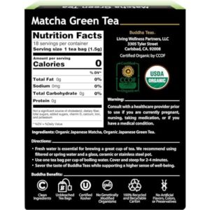 Buddha Teas - Organic Matcha Green Tea - For Health & Wellbeing - Organic Tea - With Antioxidants & Minerals - Clean Ingredients - Caffeinated - OU Kosher & Organic - 18 Tea Bags (Pack of 1)