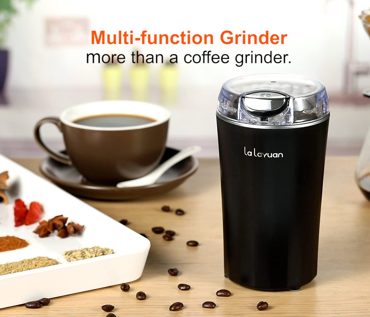 Coffee Bean Grinder, lalayuan Electric Coffee Grinder,200W Powerful Electric Spice Grinder, Herb Grinder, Espresso Grinder, One Touch Coffee Mill for Beans, Spices Herbs,Nuts, with Clean Brush Black