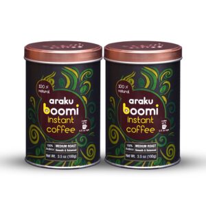 araku boomi premium single origin instant coffee powder, medium roast, made from 100% arabica beans from araku valley | best instant coffee | 3.5 ounce tin (2 pack) (up to 100 cups)