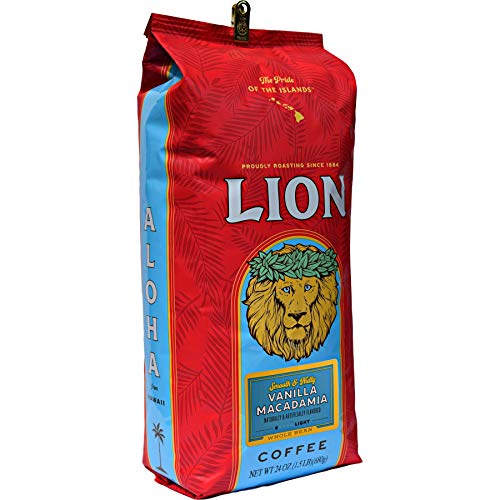 Lion Coffee, Vanilla Macadamia Flavor, Light Roast, Whole Bean, 24 Ounce Bag