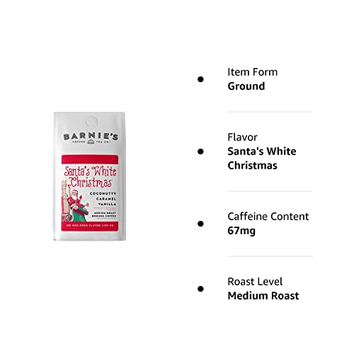 BARNIE'S COFFEE TEA Santa's White Christmas Ground Coffee with Smooth Coconut, Caramel, and Warm Vanilla Flavors, Medium Roasted Arabica Coffee Beans, 12 oz Bag, 1 Count (Pack of 1)