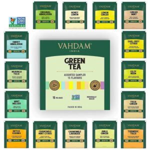 vahdam, assorted green tea sampler gift set (15 flavors, 15 count) gluten free, non gmo | tea variety pack - long leaf pyramid green tea bags variety pack | gifts for him/her | gifts for women & men