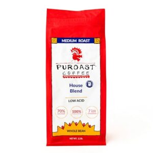puroast low acid whole bean coffee, premium house blend, high antioxidant, caffeinated, 2.2 pound bag, 1000 gram