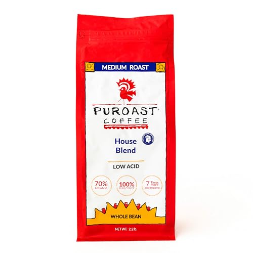 Puroast Low Acid Whole Bean Coffee, Premium House Blend, High Antioxidant, Caffeinated, 2.2 Pound Bag, 1000 Gram