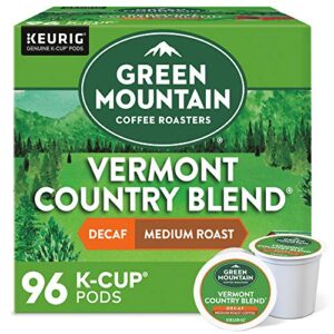 green mountain coffee roasters vermont country blend decaf, keurig single-serve k-cup pods, medium roast coffee, 96 count (4 packs of 24)