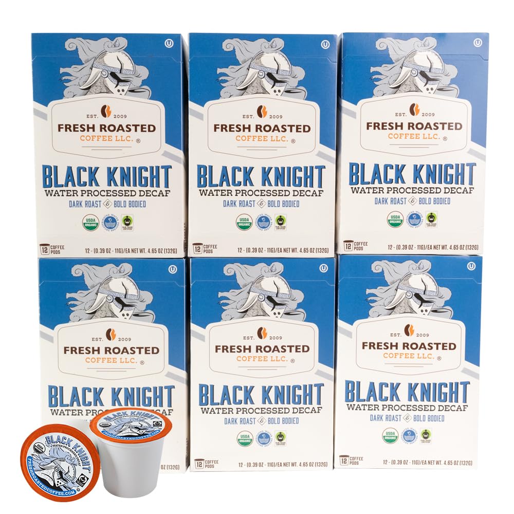 Fresh Roasted Coffee, Fair Trade Organic Black Knight Water-Processed Decaf, Dark Roast, Kosher | 72 Pods for K Cup Brewers