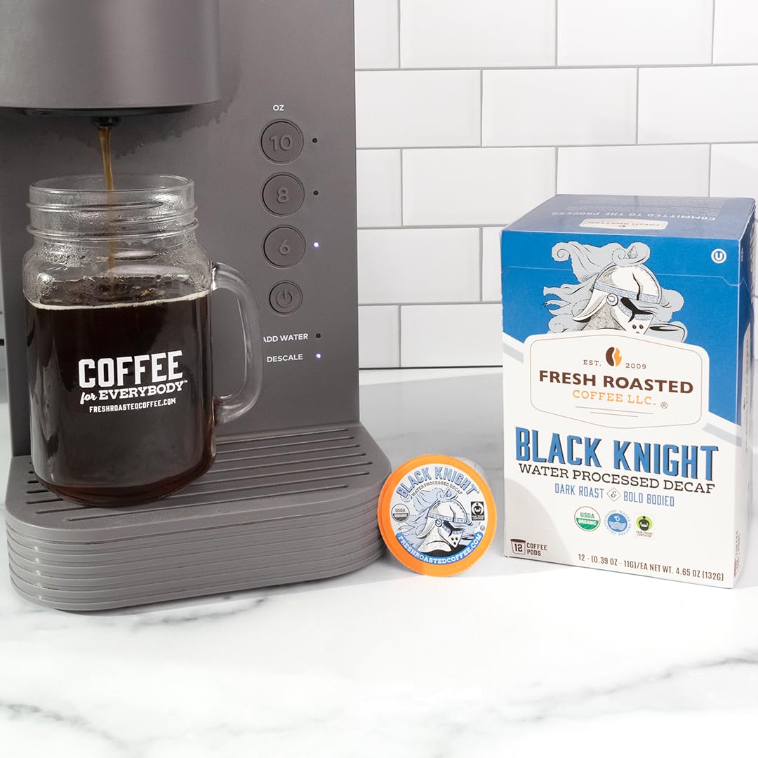 Fresh Roasted Coffee, Fair Trade Organic Black Knight Water-Processed Decaf, Dark Roast, Kosher | 72 Pods for K Cup Brewers