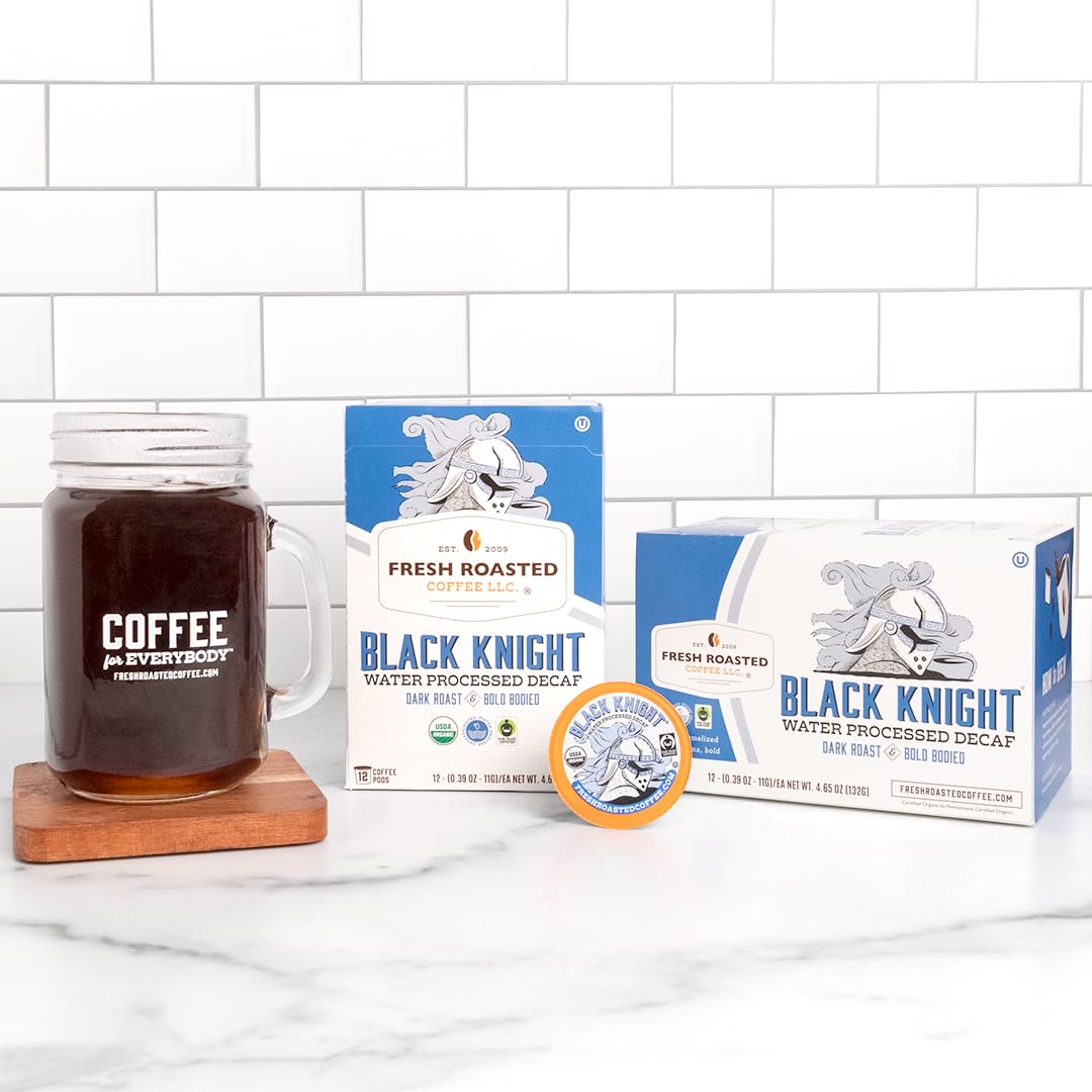 Fresh Roasted Coffee, Fair Trade Organic Black Knight Water-Processed Decaf, Dark Roast, Kosher | 72 Pods for K Cup Brewers