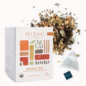 rishi tea masala chai tea | usda organic direct trade sachet tea bags, certified kosher assam black tea blend with whole spices, energizing & caffeinated | 15 count (pack of 1)