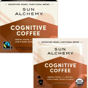 sun alchemy cognitive coffee with organic mct oil, fair-trade coffee, lion’s mane, reishi & chaga - 10 sachets