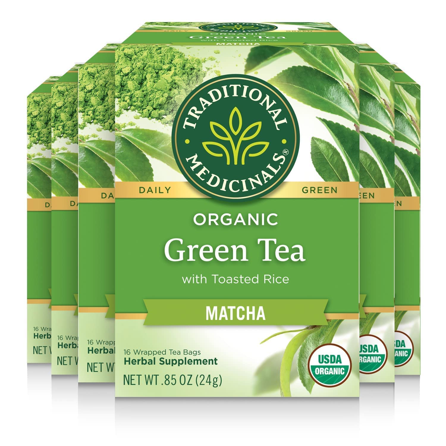 Traditional Medicinals Tea, Organic Green Tea Matcha, Genmaicha, Supports Health, 16 Tea Bags (6 Pack)