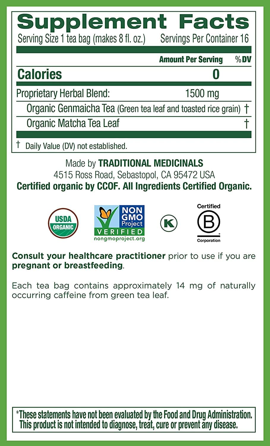 Traditional Medicinals Tea, Organic Green Tea Matcha, Genmaicha, Supports Health, 16 Tea Bags (6 Pack)
