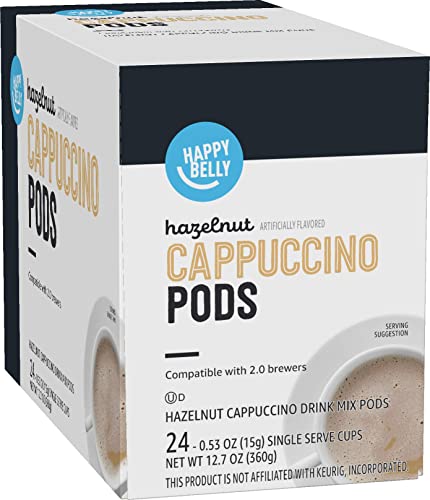 Amazon Brand - Happy Belly Light Roast Cappuccino Coffee Pods Compatible with K-Cup Brewers, Hazelnut Flavored , 24 Count