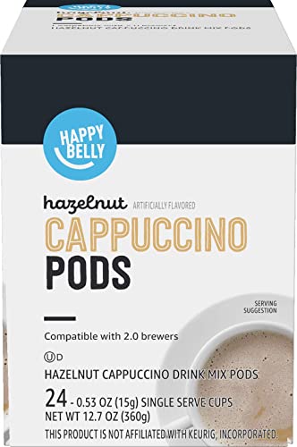 Amazon Brand - Happy Belly Light Roast Cappuccino Coffee Pods Compatible with K-Cup Brewers, Hazelnut Flavored , 24 Count