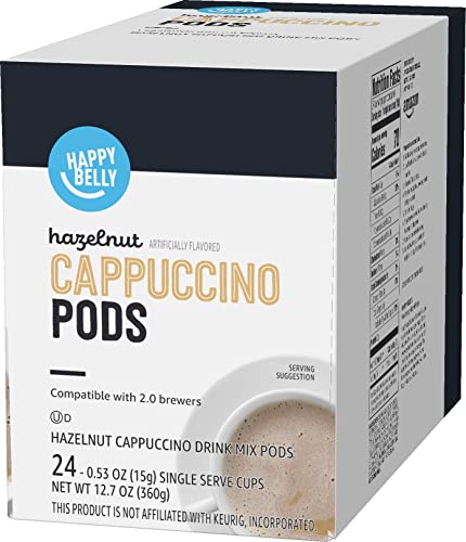 Amazon Brand - Happy Belly Light Roast Cappuccino Coffee Pods Compatible with K-Cup Brewers, Hazelnut Flavored , 24 Count