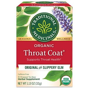 traditional medicinals organic throat coat herbal tea, supports throat health 16 count (pack of 1) total 16 count