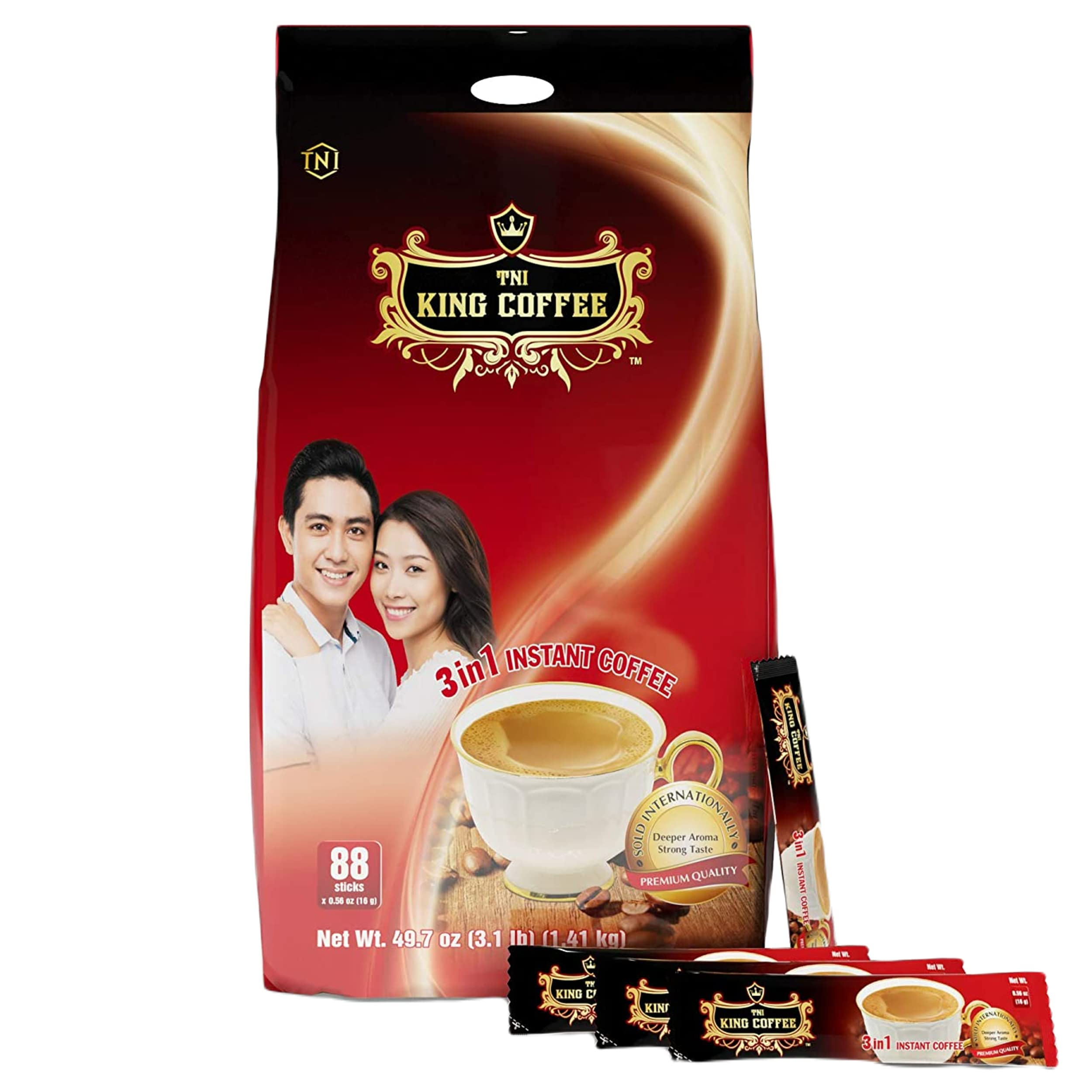 King Coffee Premium Instant Coffee - 3 in 1 Vietnamese Coffee Blend w/Creamer & Sugar - 88 Single Serve Instant Coffee Packets (1 Bag - 88 Sticks)