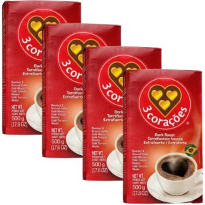 3 coracoes extra forte brazilian ground coffee - 17.6 ounces - vacuum sealed pack of 4 - fine ground coffee dark roast - naturally processed for unique flavor, aroma, and full body texture…