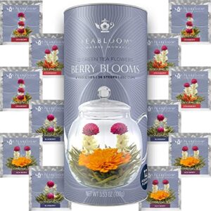 teabloom holiday flowering teas - 12 assorted, delicious berry blooming teas - premium green tea + cranberry, blueberry, acai berry & strawberry