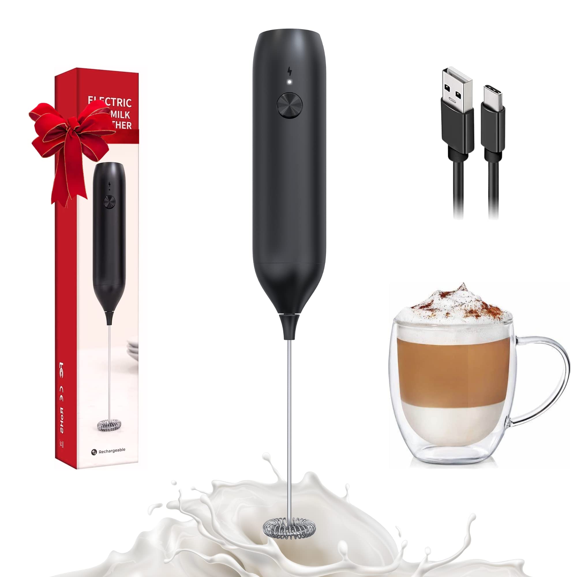 Rechargeable Milk Frother Handheld, Fanativita USB-C Rechargeable Drink Mixer for Coffee, Lattes, Cappuccino, Frappe, Matcha, Hot Chocolate (Black)