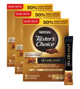 nescafe taster's choice hazelnut instant coffee beverage, 0.1 ounce 16 count (3 packs)