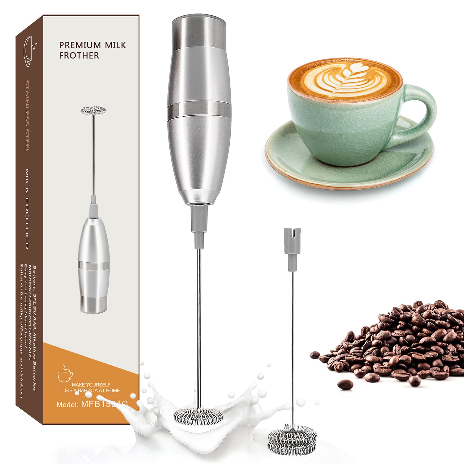 KORCCI Milk Frother Handheld, Protein Powder Mixer, Automatic Double Whisk for Coffee, Battery Operated Electric Foamer Maker For Cappuccino, Lattes, Macchiato, Hot Chocolate, Matcha, Egg