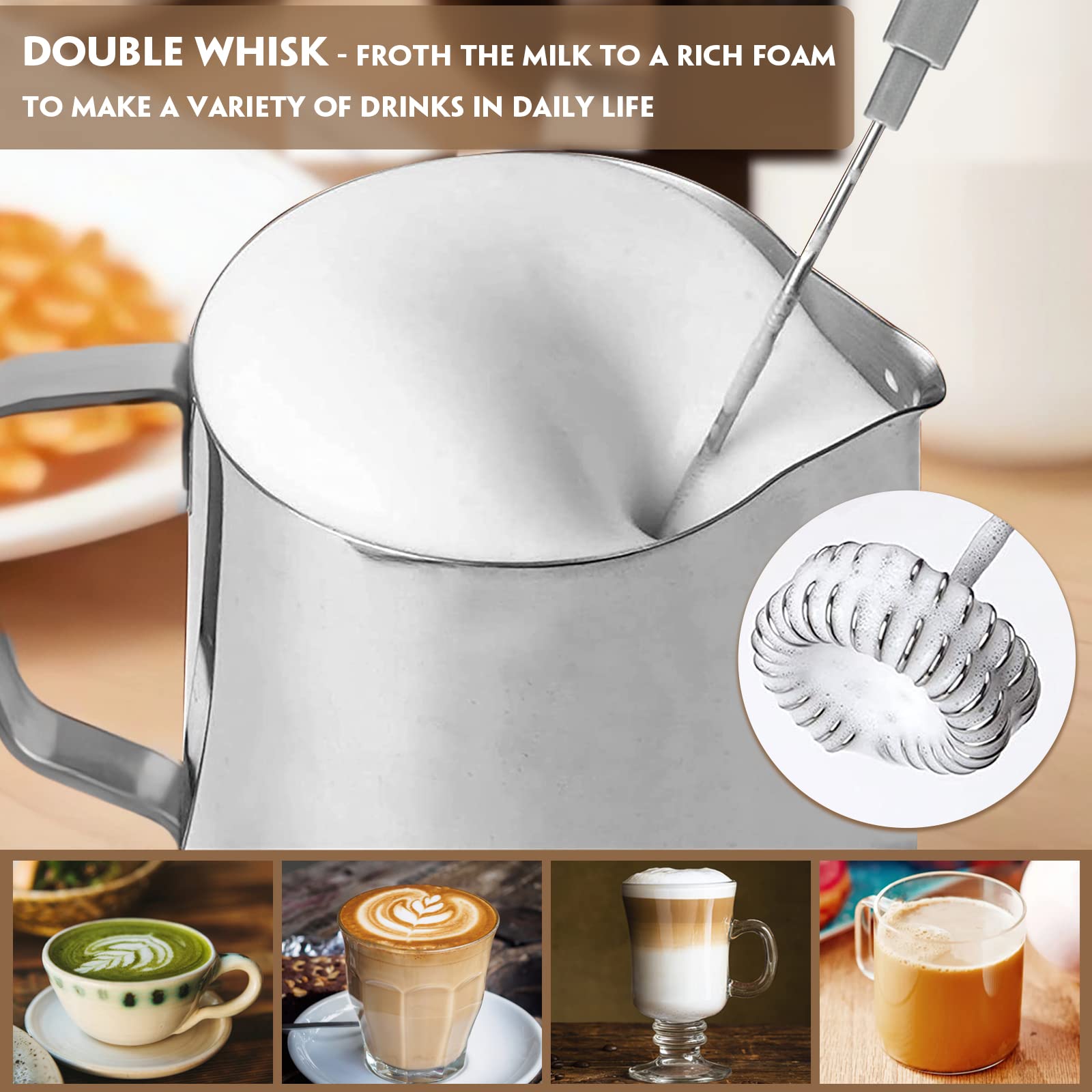 KORCCI Milk Frother Handheld, Protein Powder Mixer, Automatic Double Whisk for Coffee, Battery Operated Electric Foamer Maker For Cappuccino, Lattes, Macchiato, Hot Chocolate, Matcha, Egg