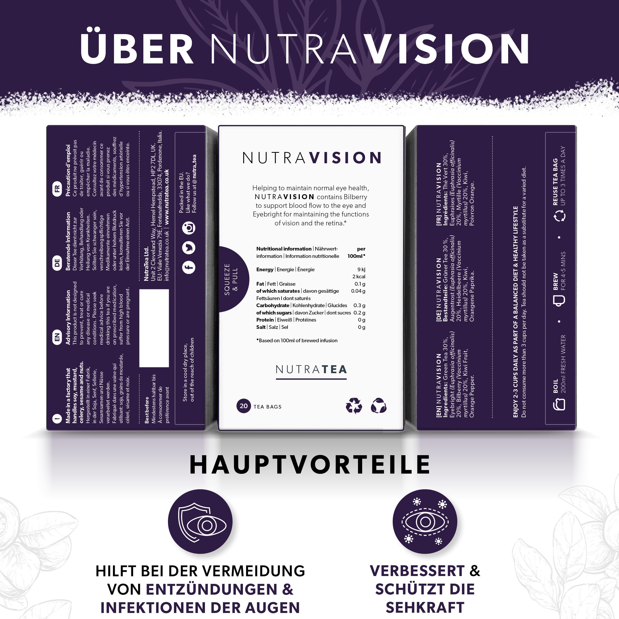 NUTRAVISION - Eye Health Tea – Includes Bilberry & Eyebright - For general and age-related eye health - 20 Enveloped Tea Bags - by Nutra Tea - Herbal Tea